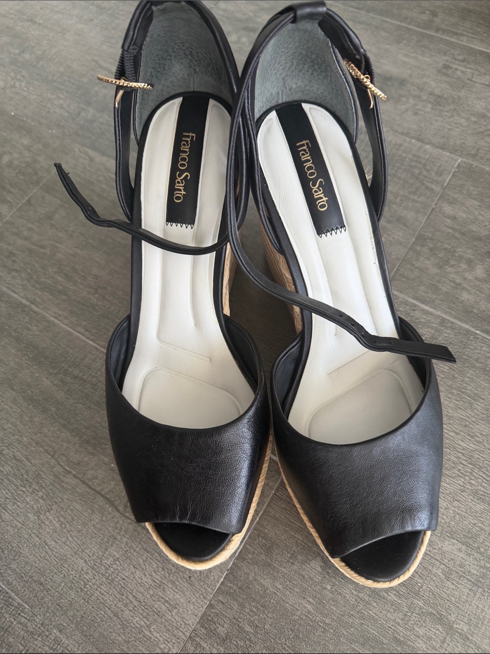 Franco Sarto Black Peep-Toe Espadrille Wedge with Ankle Strap